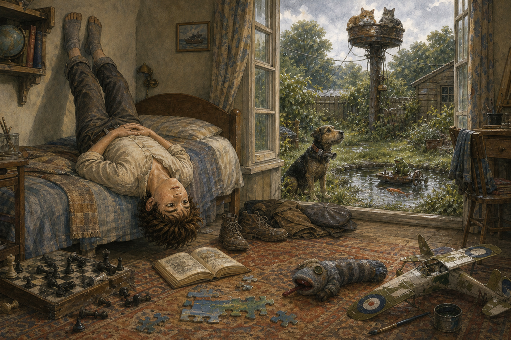 Paul lies upside down across his bed in theatrical boredom while unfinished projects clutter his room and eccentric animal inventions can be seen through the garden window.