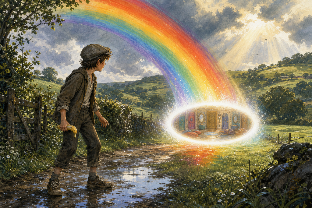 Paul stands in a rain-washed English landscape before a radiant rainbow that appears close enough to touch, its coloured light spilling into the wet grass.