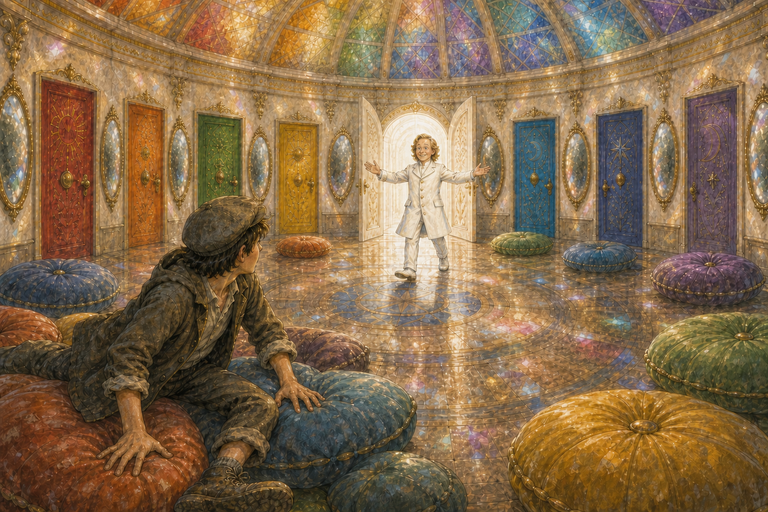 Paul pushes himself up from a heap of coloured cushions inside the circular Rainbow Room as Rainbow Ronnie welcomes him through brilliant white doors.