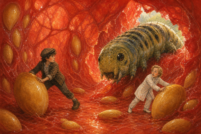 Tiny Paul and Rainbow Ronnie roll enormous yellow seeds through the glowing red interior of a tomato while a huge caterpillar breaks through the wall after its lunch.