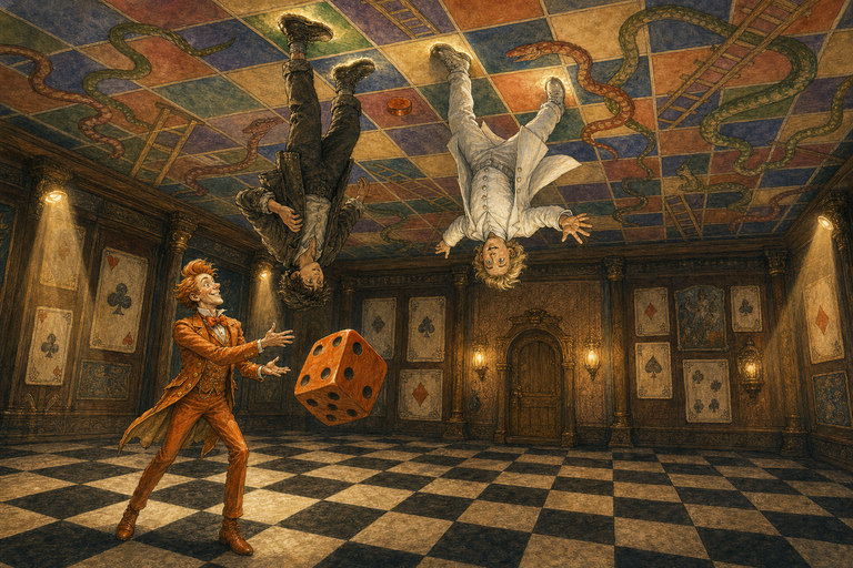 Paul and Rainbow Ronnie stand upside down on a giant ceiling game board while Ponco Orange throws an enormous die on the chessboard floor far below.
