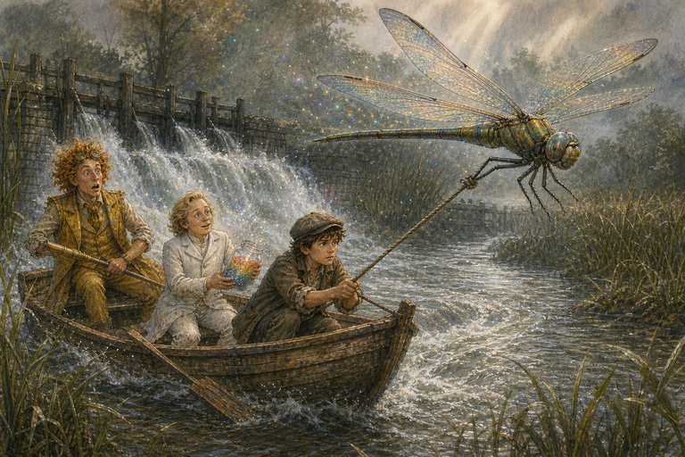 A giant dragonfly tows Paul, Rainbow Ronnie and Ponco Yellow sideways across a rain-grey mere, pulling their little wooden boat away from a roaring weir.