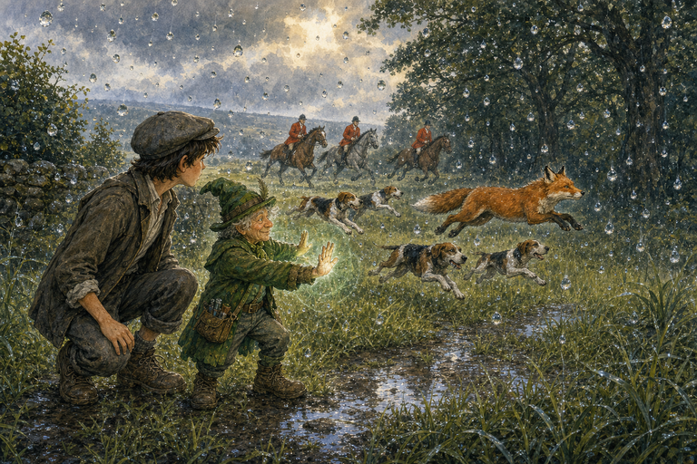 Larry raises his hands beside Paul and freezes a fox, hounds, horses, riders and every shining raindrop in a wet English field.