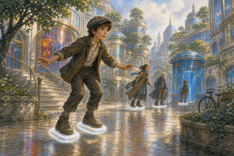Paul and Ponco Blue move through a clean blue future city on air-cushion shoes amid elegant towers and ingenious quiet machines.