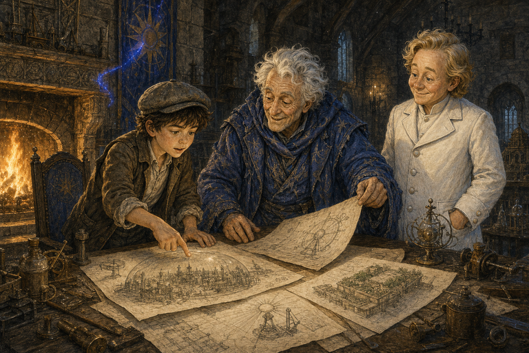 Paul and the elderly Ponco Indigo sit by the fire and unroll long-forgotten invention drawings, their faces warmed by renewed possibility.