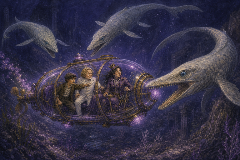 Inside a transparent violet submarine, Paul, Rainbow Ronnie and Ponco Violet gaze out at immense prehistoric creatures swimming through a deep ancient lake.