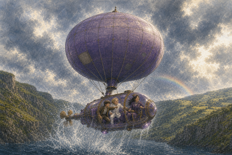Ponco Violet’s vast balloon lifts the glass submarine out of the lake and into a violet evening sky while Paul and Rainbow Ronnie cling on inside.