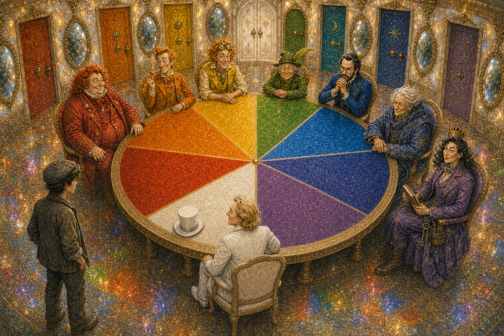 The seven distinct Poncos gather with Paul and Rainbow Ronnie around a council table divided into eight equal wedges: seven colours and one white.