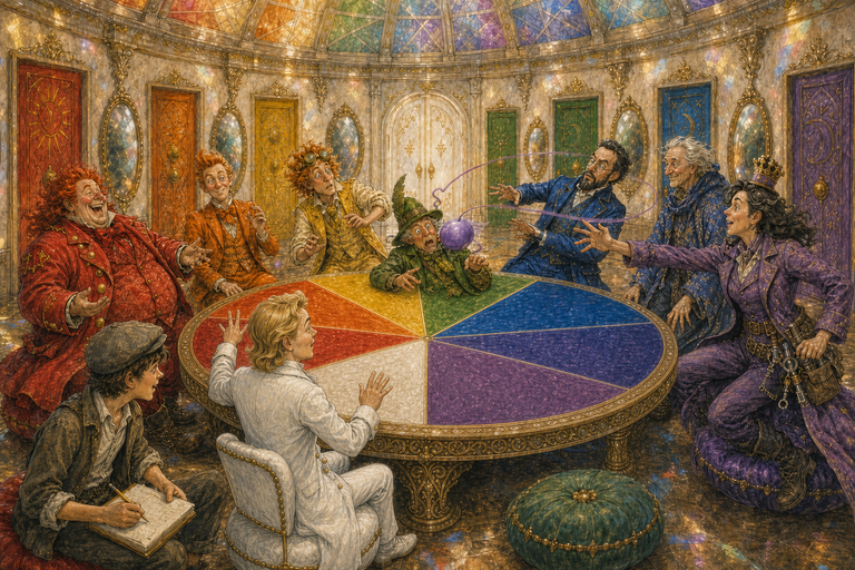 An escaping violet balloon loops through the Rainbow Room as Rainbow Ronnie turns from the white place at the eight-section council table and the arguing Poncos scatter.