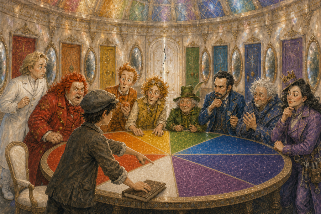 Paul points to the white wedge of the eight-section council table and declares that no colour is best while the seven Poncos react.