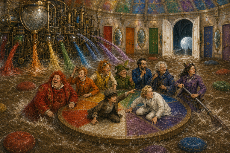 The PoncoVotometer bursts in a flood of muddied colour as Paul, Rainbow Ronnie and the Poncos sail through the Rainbow Room on the same eight-wedge council tabletop.