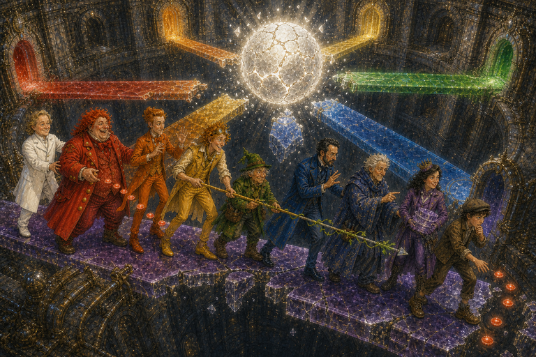 Paul, Rainbow Ronnie and the seven Poncos cross seven cracking coloured bridges through darkness toward the failing white Heartlight.