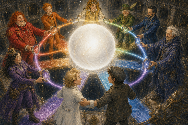 Paul, Rainbow Ronnie and all seven Poncos join in a circle as their separate colours converge into radiant white and restore the Heartlight.