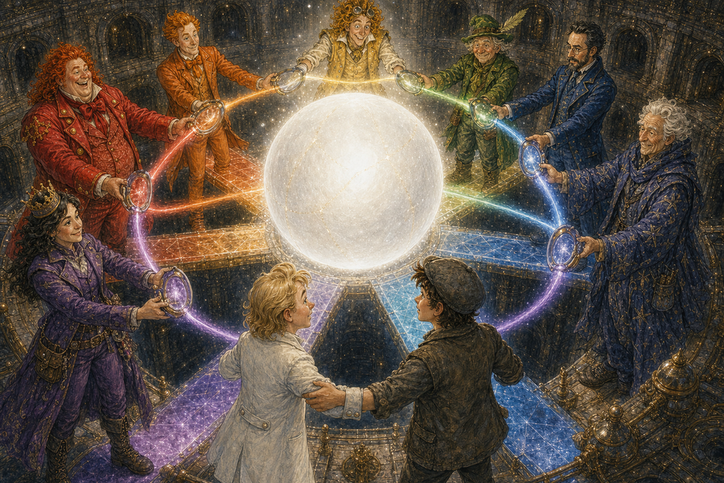 Paul, Rainbow Ronnie and all seven Poncos join in a circle as their separate colours converge into radiant white and restore the Heartlight.