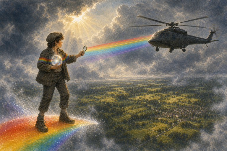 Paul flashes his signal mirror toward a searching helicopter while he balances on the last shrinking piece of rainbow above the wet countryside.