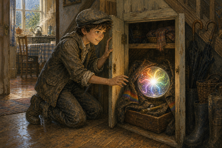 A crystal sphere glows quietly beneath the stairs while ordinary family life continues nearby, leaving one secret thread of rainbow magic at home.
