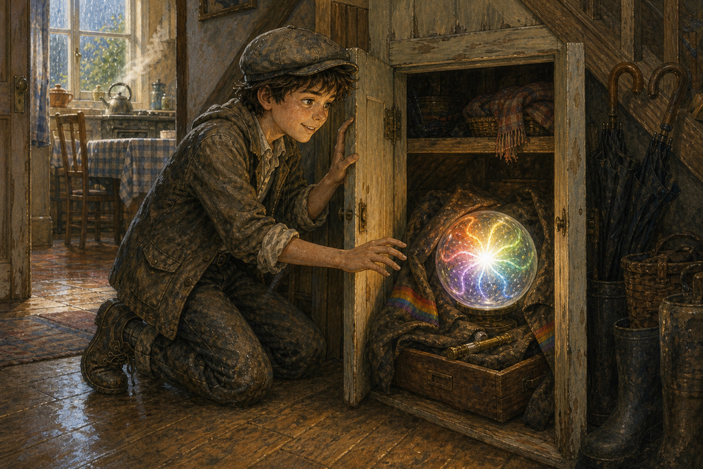 A crystal sphere glows quietly beneath the stairs while ordinary family life continues nearby, leaving one secret thread of rainbow magic at home.